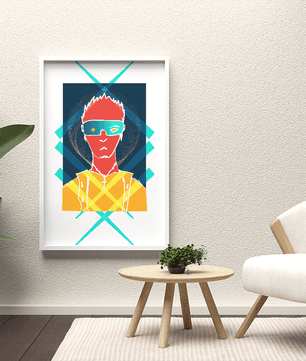 Cyberpunk warrior in geometric neon hues for modern decor - Mi tienda