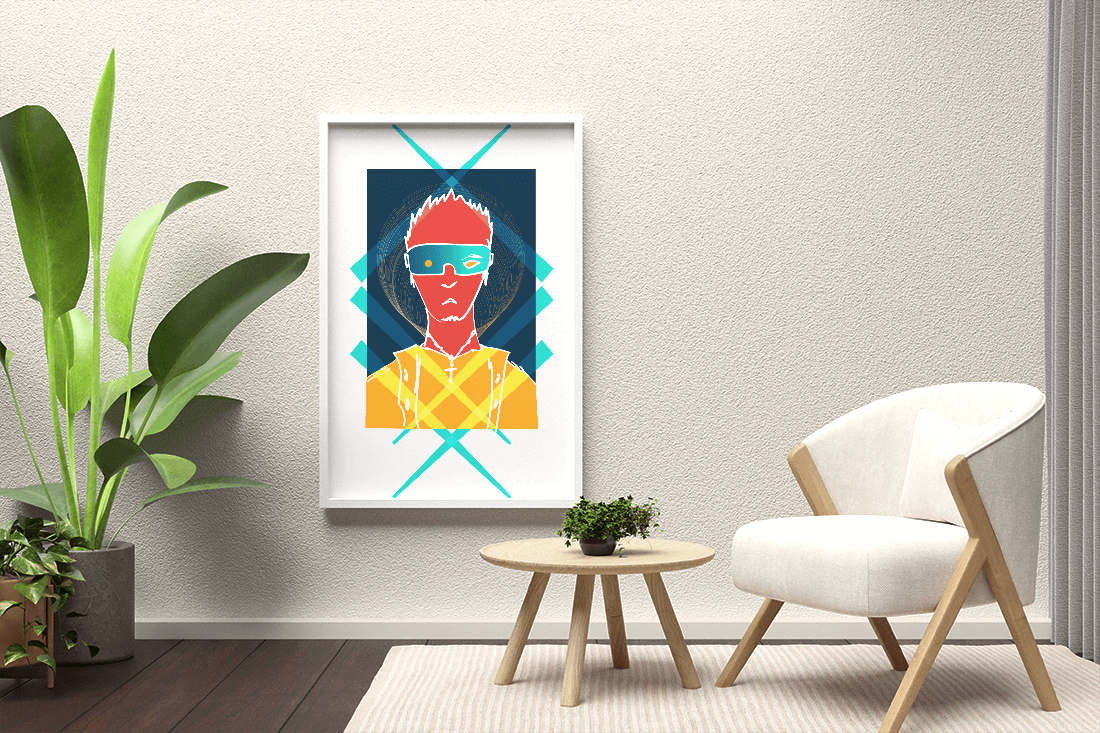 Cyberpunk warrior in geometric neon hues for modern decor