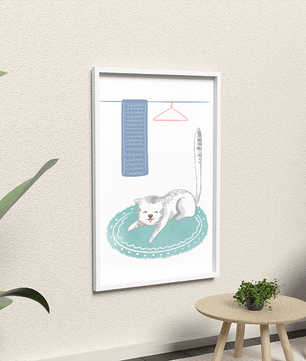 Cute stretching cat on a cozy rug in a soft pastel illustration - Mi tienda