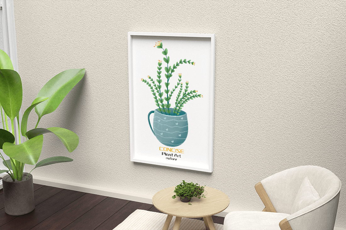 Ilustración de una planta verde en una taza decorativa azul
