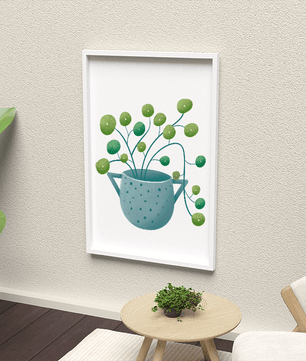 Ilustración minimalista de una planta pilea verde en una maceta de cerámica azul