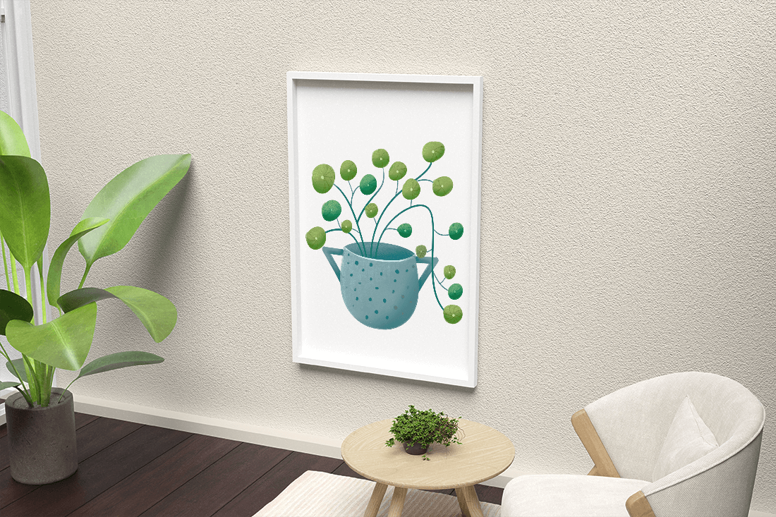 Ilustración minimalista de una planta pilea verde en una maceta de cerámica azul