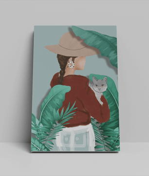 Modern botanical woman portrait – minimalistic female wall art with nature and cat - Mi tienda
