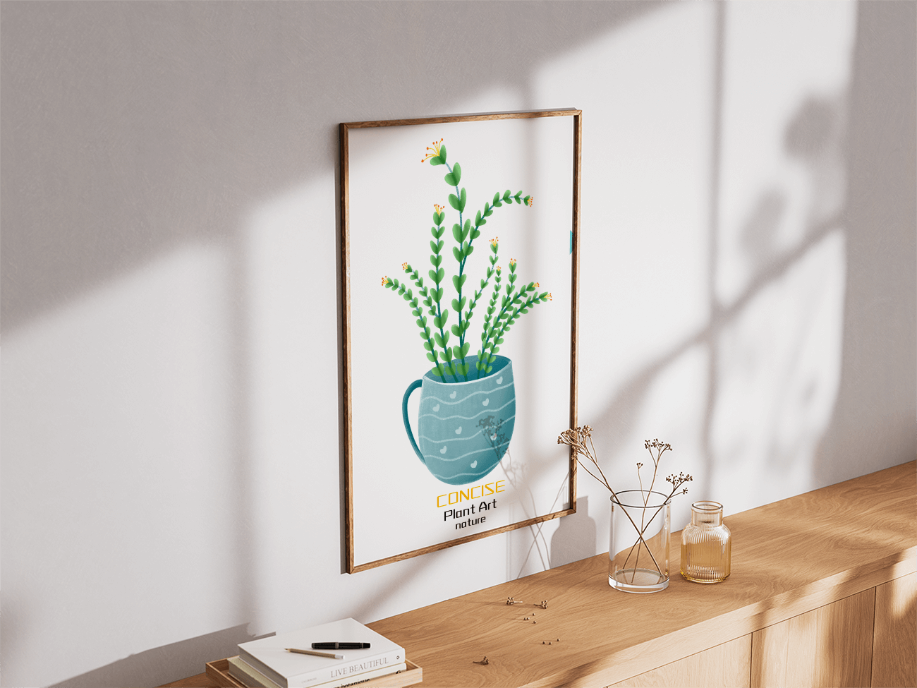 Ilustración de una planta verde en una taza decorativa azul