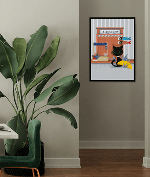 Black cat with Japanese storefront and koi fish flags – cozy and charming wall art - Mi tienda