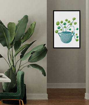 Ilustración minimalista de una planta pilea verde en una maceta de cerámica azul