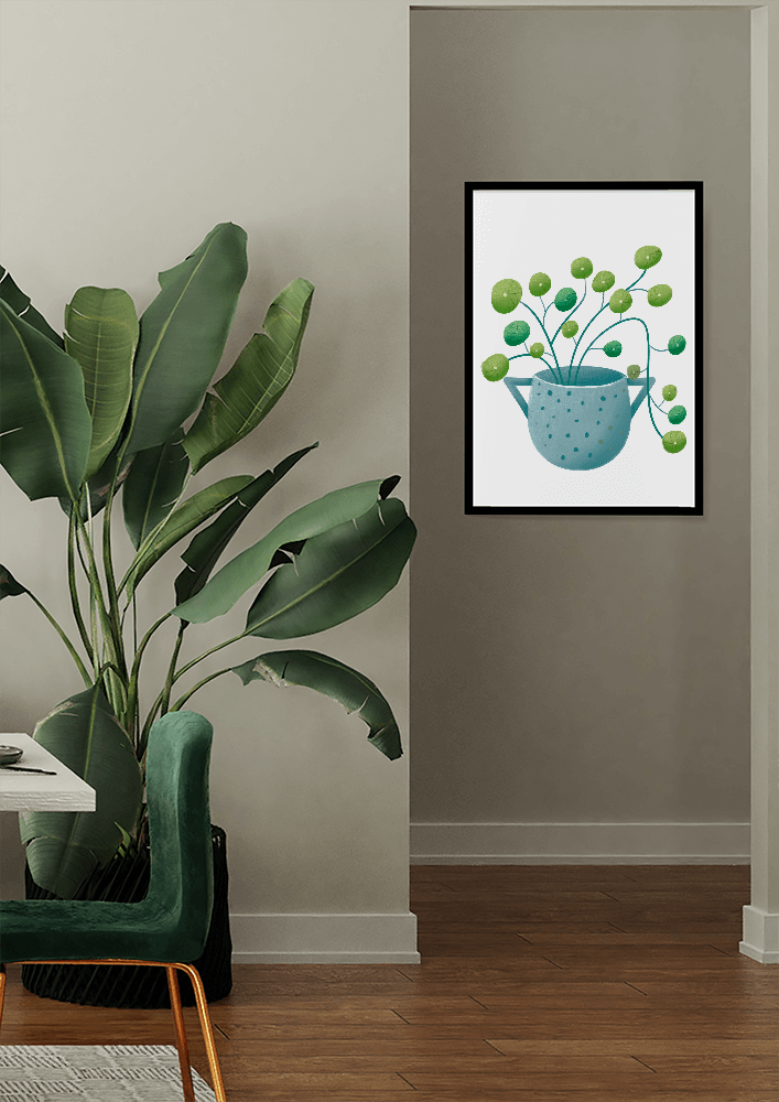 Ilustración minimalista de una planta pilea verde en una maceta de cerámica azul