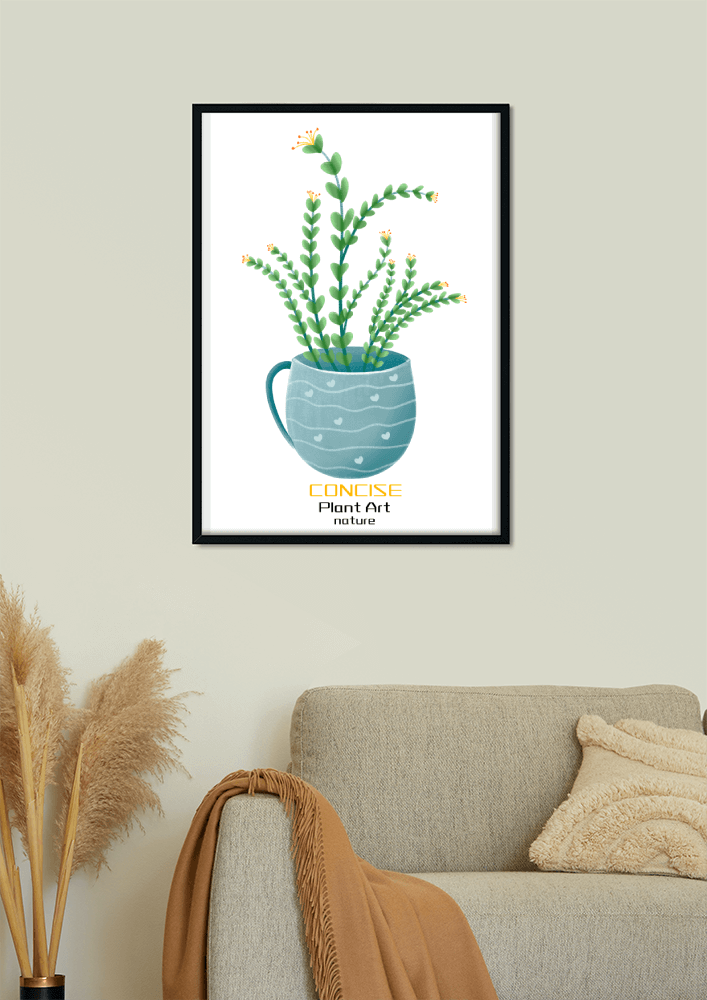 Ilustración de una planta verde en una taza decorativa azul