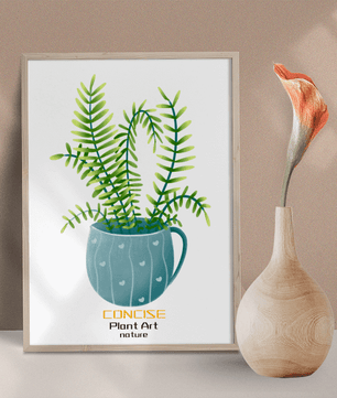 Illustration of a Plant in a Decorative Blue Pot with Green Leaves