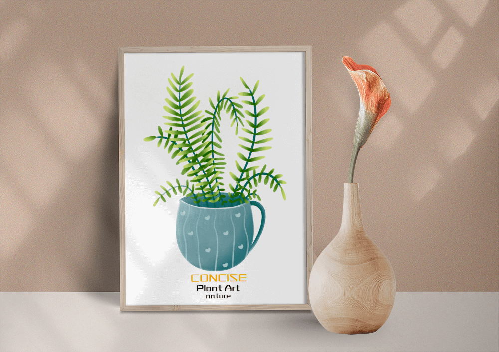 Illustration of a Plant in a Decorative Blue Pot with Green Leaves