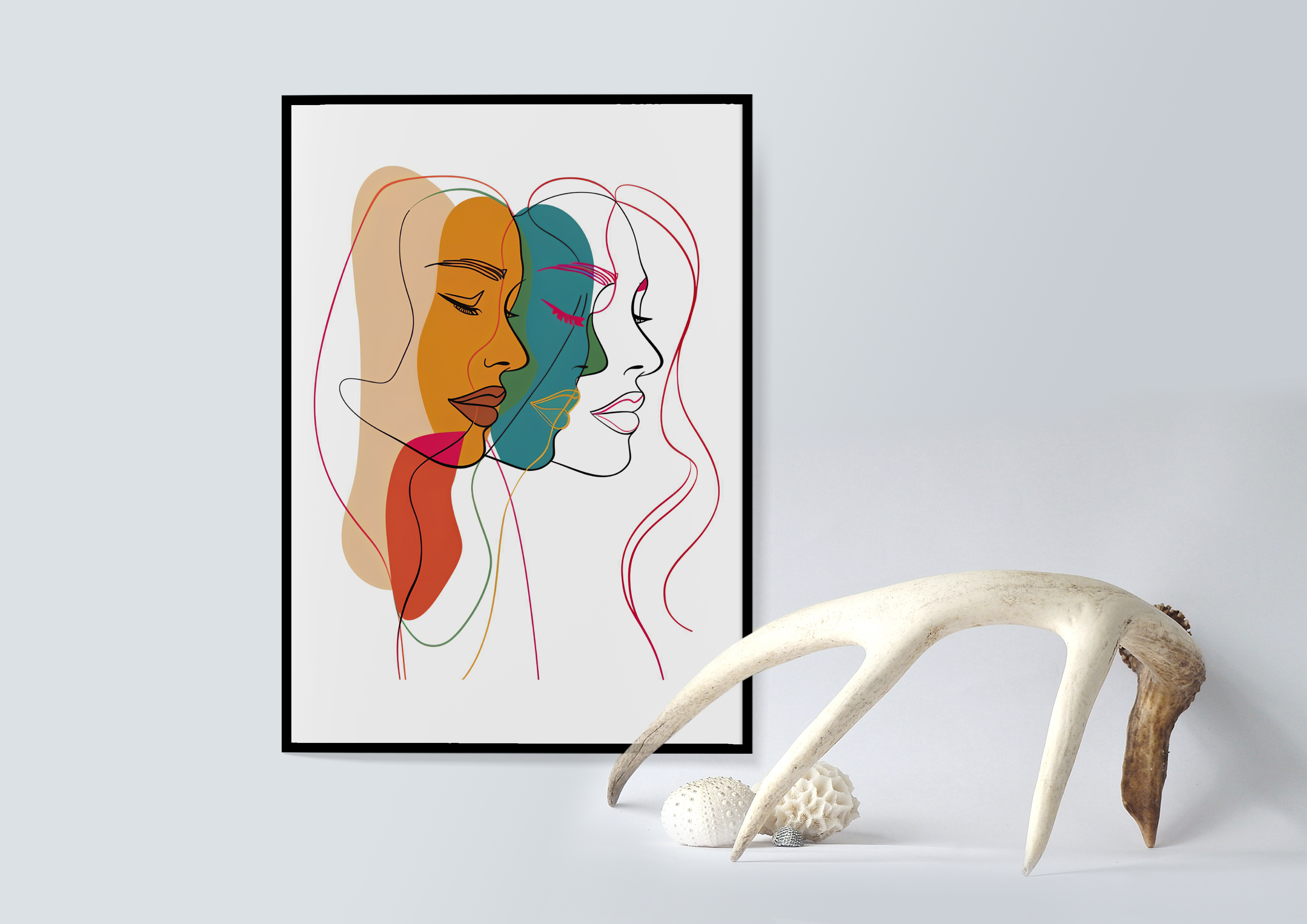 Abstract female faces wall art | Colorful minimalist line drawing | Modern poster or canvas - Mi tienda