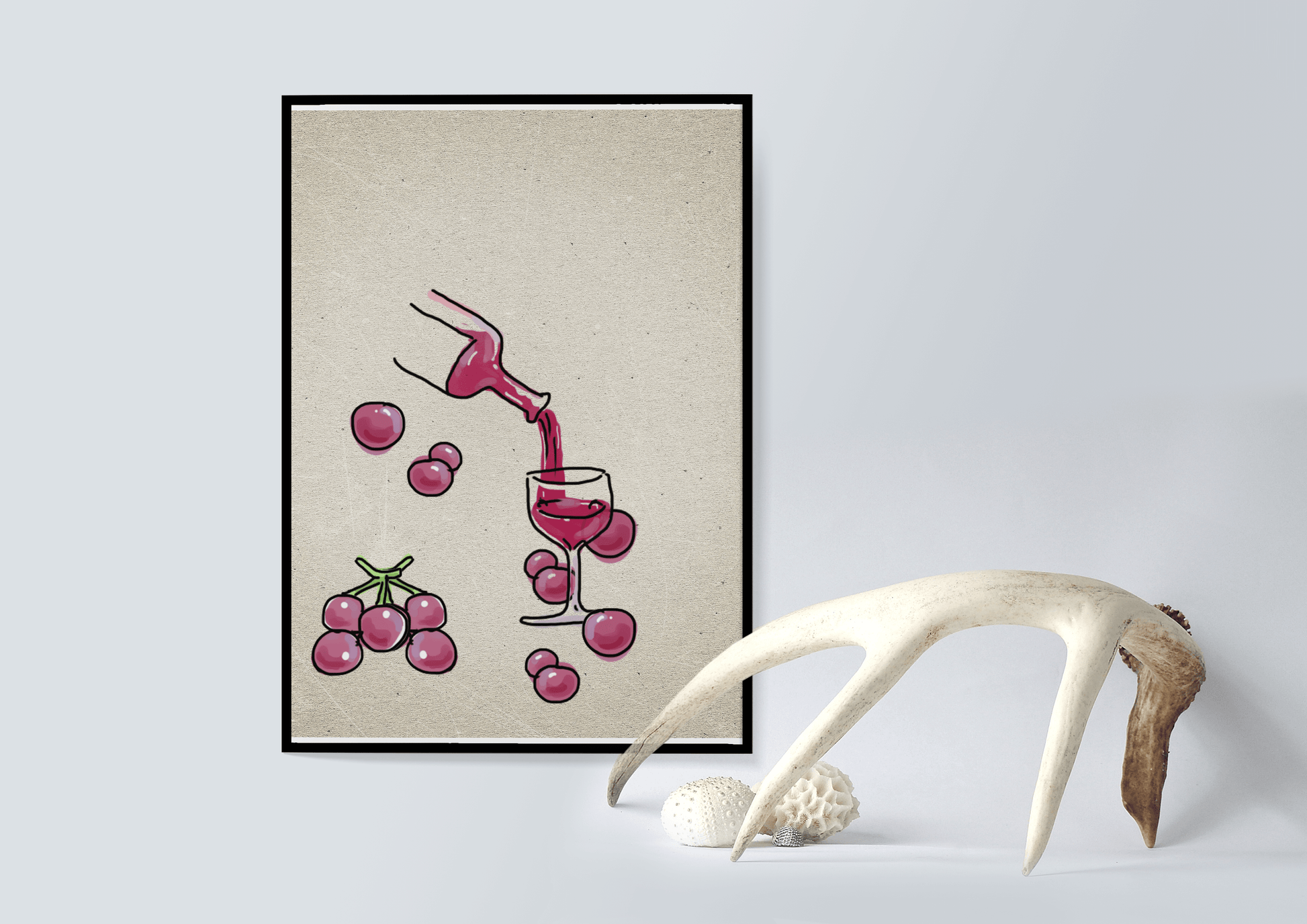 Artistic Illustration of Wine Pouring into a Glass with Grapes
