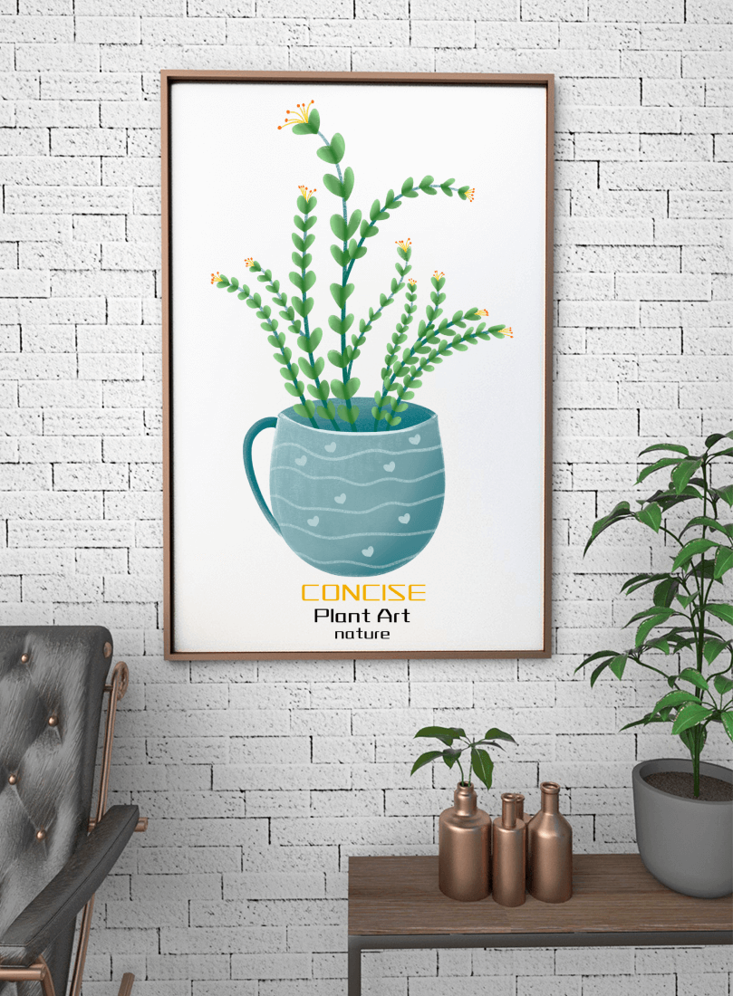 Ilustración de una planta verde en una taza decorativa azul