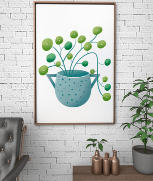 Ilustración minimalista de una planta pilea verde en una maceta de cerámica azul