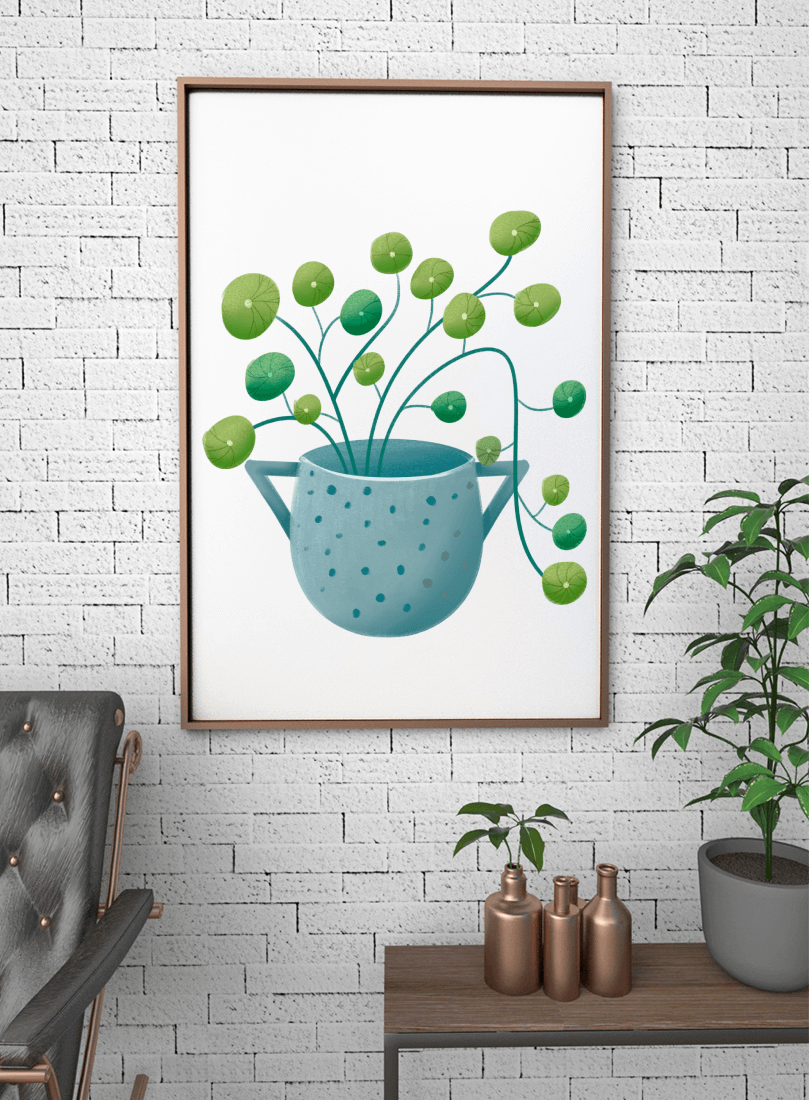 Ilustración minimalista de una planta pilea verde en una maceta de cerámica azul