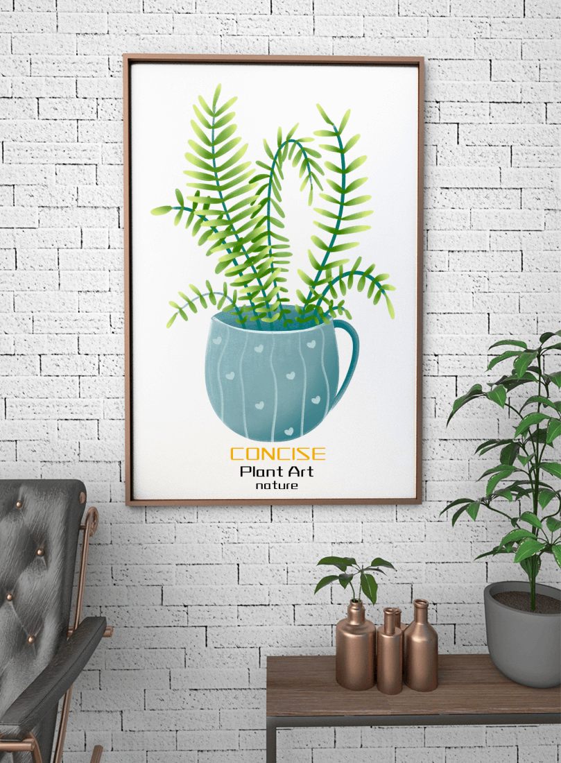 Illustration of a Plant in a Decorative Blue Pot with Green Leaves