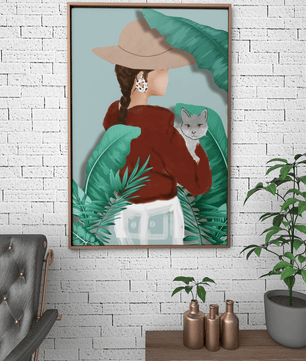 Modern botanical woman portrait – minimalistic female wall art with nature and cat - Mi tienda
