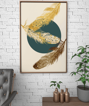 Artistic Composition of Intricate Feathers with Golden Elements and Geometric Contrast - Mi tienda
