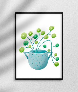 Ilustración minimalista de una planta pilea verde en una maceta de cerámica azul