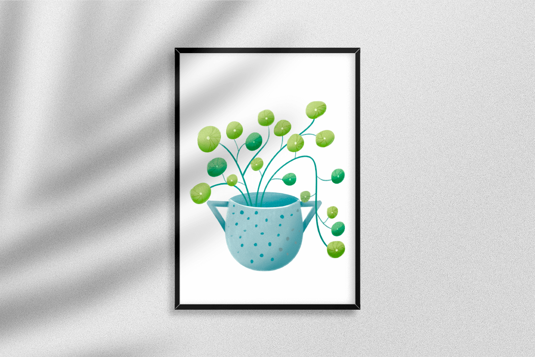 Ilustración minimalista de una planta pilea verde en una maceta de cerámica azul