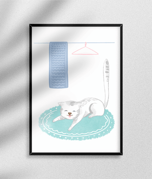 Cute stretching cat on a cozy rug in a soft pastel illustration - Mi tienda