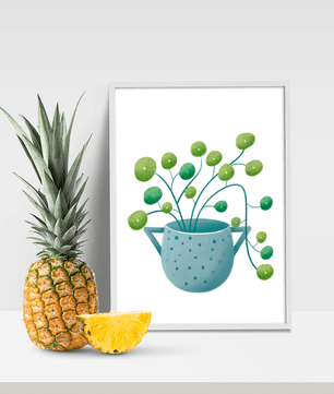 Ilustración minimalista de una planta pilea verde en una maceta de cerámica azul