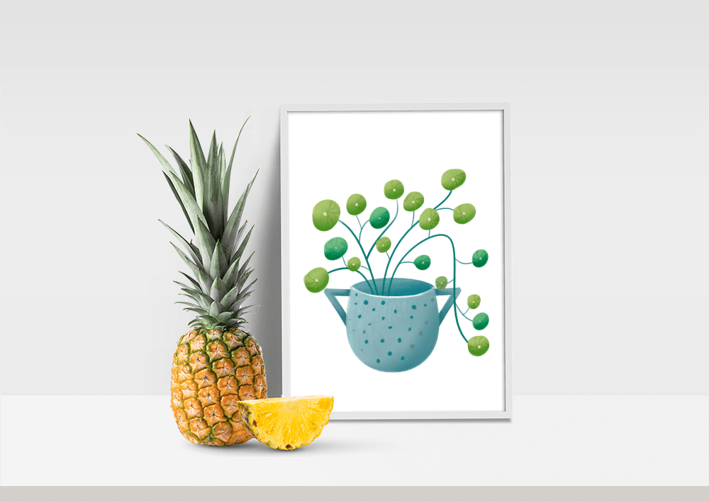 Ilustración minimalista de una planta pilea verde en una maceta de cerámica azul