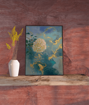 A blooming white hydrangea with golden accents on a deep blue background - Mi tienda