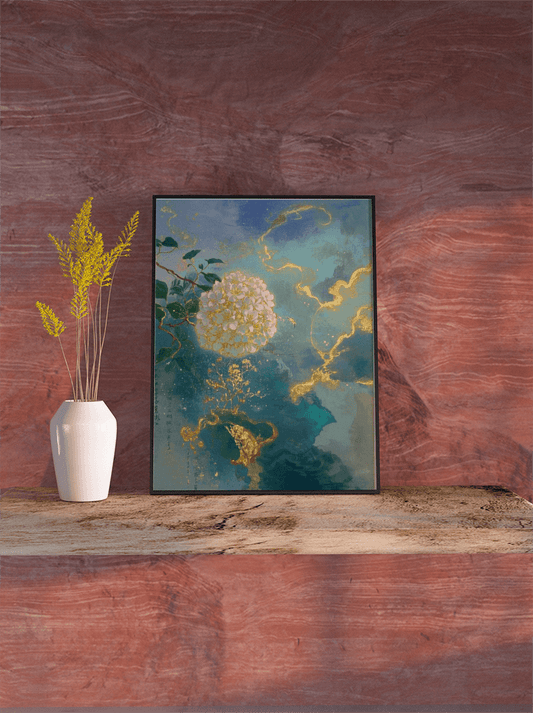 A blooming white hydrangea with golden accents on a deep blue background