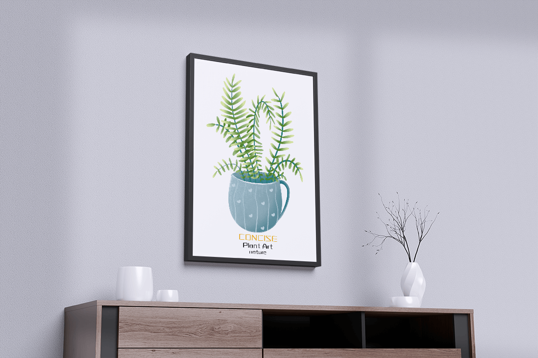 Illustration of a Plant in a Decorative Blue Pot with Green Leaves