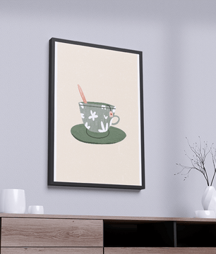 Illustration of a Green Floral Tea Cup with a Tea Bag and Spoon - Mi tienda