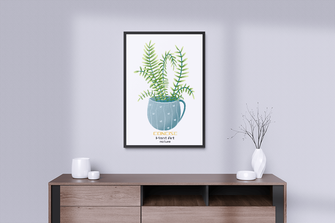 Illustration of a Plant in a Decorative Blue Pot with Green Leaves