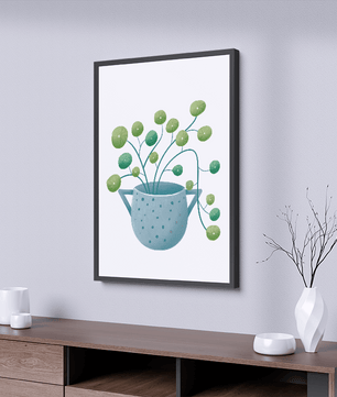 Ilustración minimalista de una planta pilea verde en una maceta de cerámica azul