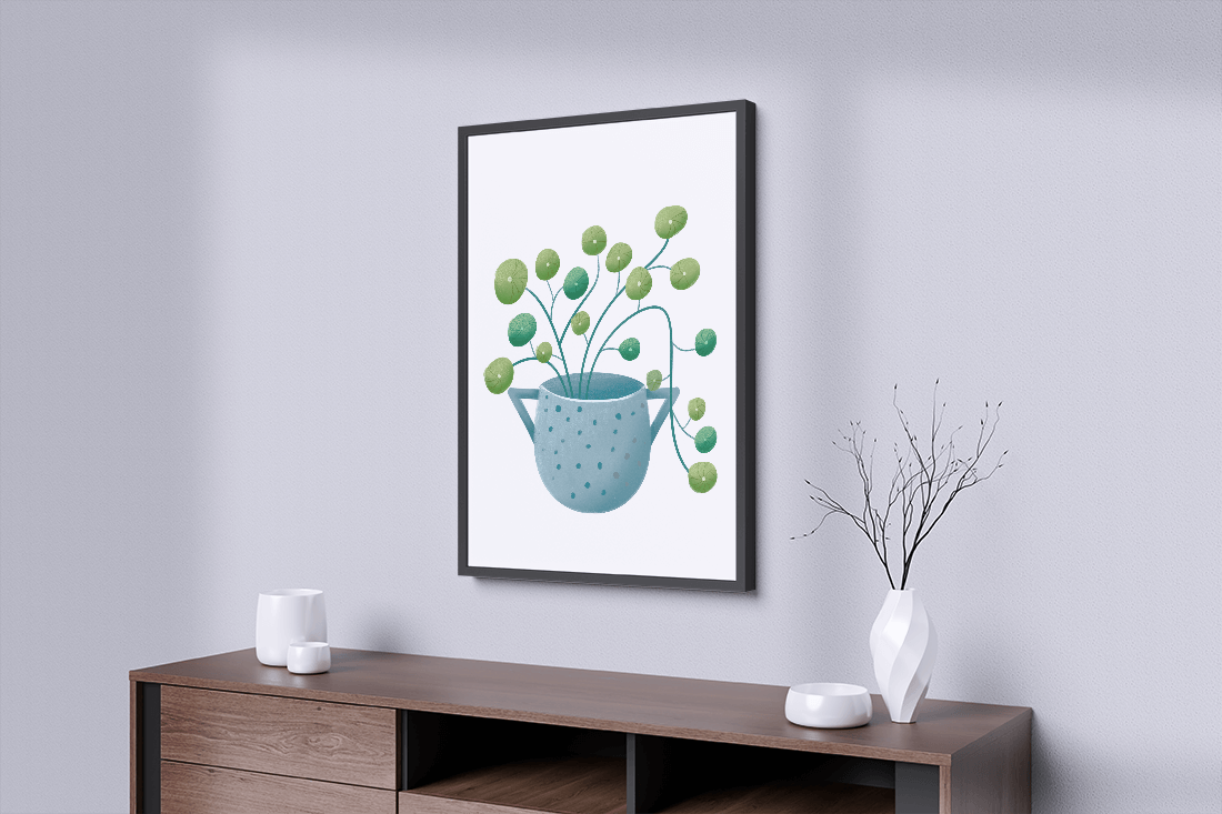 Ilustración minimalista de una planta pilea verde en una maceta de cerámica azul