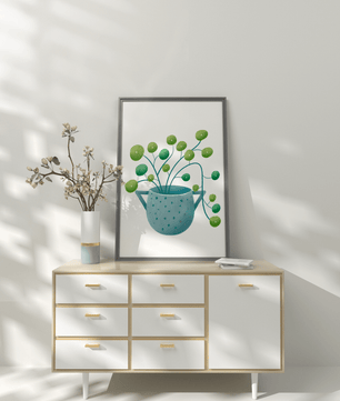 Ilustración minimalista de una planta pilea verde en una maceta de cerámica azul