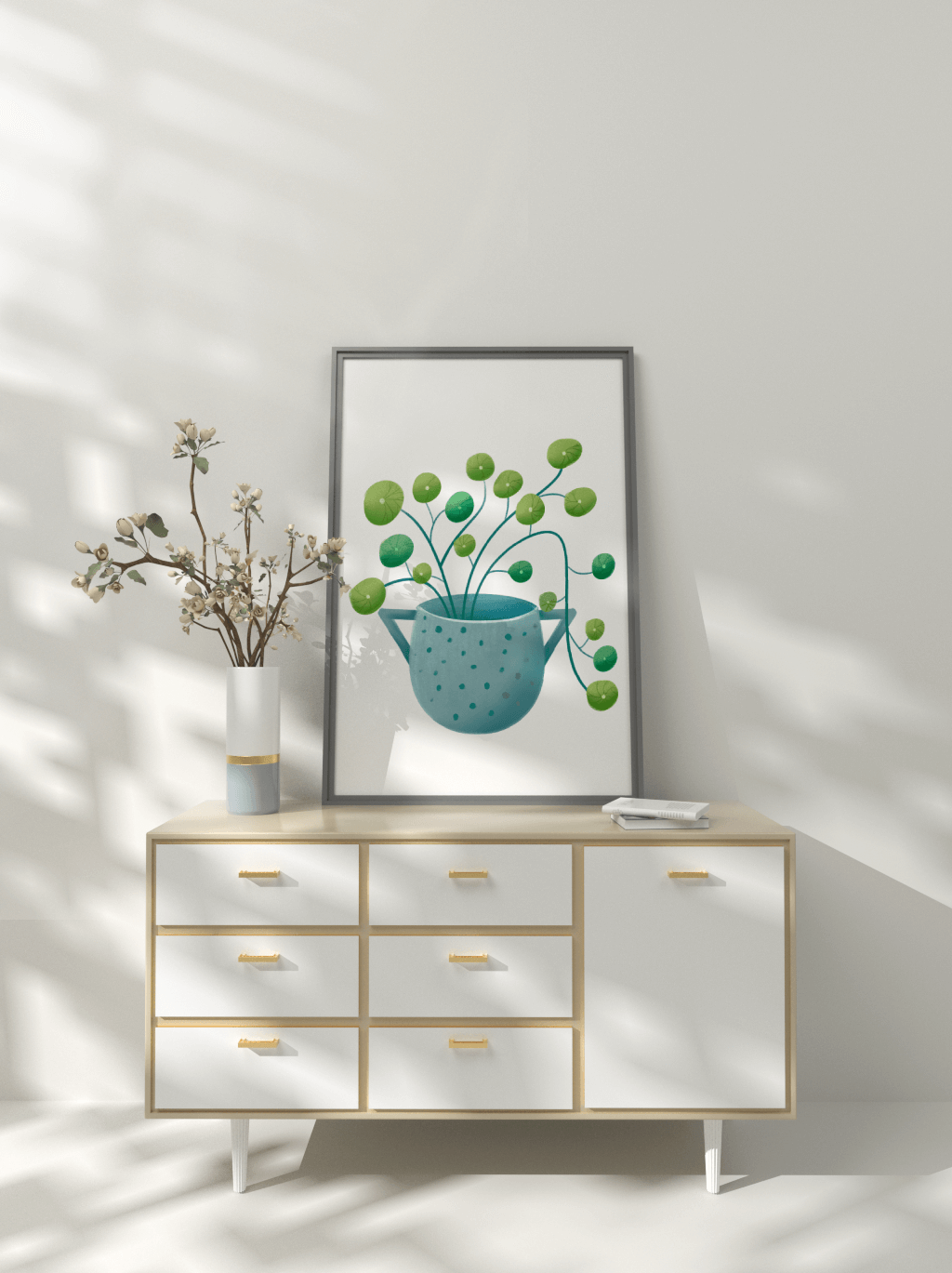 Ilustración minimalista de una planta pilea verde en una maceta de cerámica azul