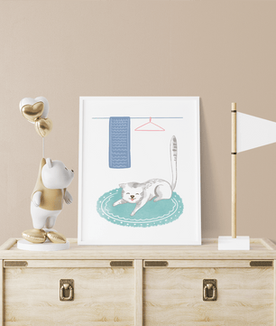 Cute stretching cat on a cozy rug in a soft pastel illustration - Mi tienda