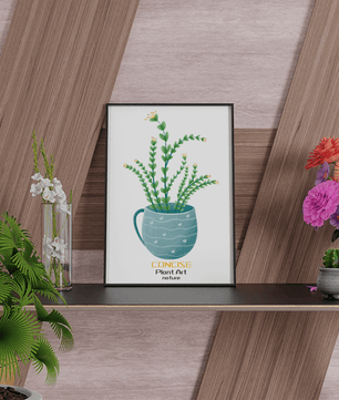 Ilustración de una planta verde en una taza decorativa azul