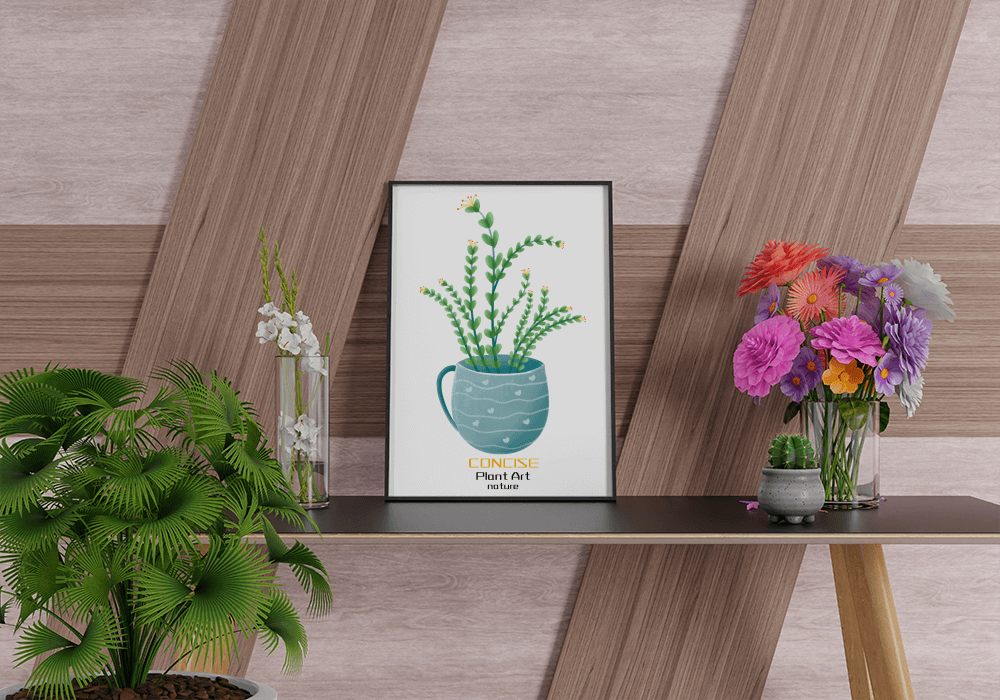 Ilustración de una planta verde en una taza decorativa azul