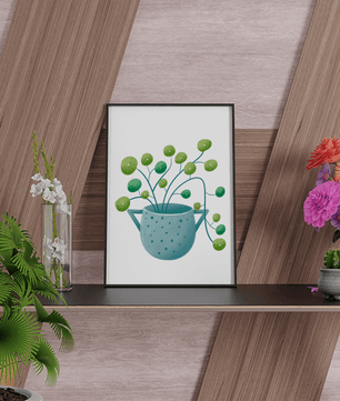 Ilustración minimalista de una planta pilea verde en una maceta de cerámica azul