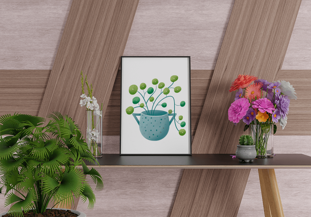 Ilustración minimalista de una planta pilea verde en una maceta de cerámica azul