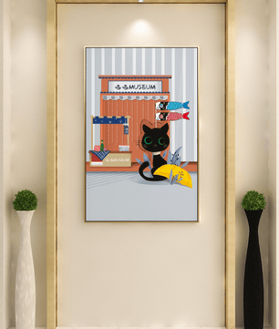 Black cat with Japanese storefront and koi fish flags – cozy and charming wall art - Mi tienda