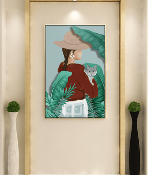 Modern botanical woman portrait – minimalistic female wall art with nature and cat - Mi tienda
