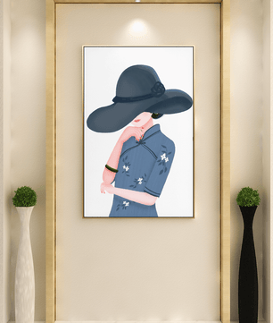 Elegant woman in a wide-brimmed hat and floral dress – stylish fashion artwork for modern interiors - Mi tienda
