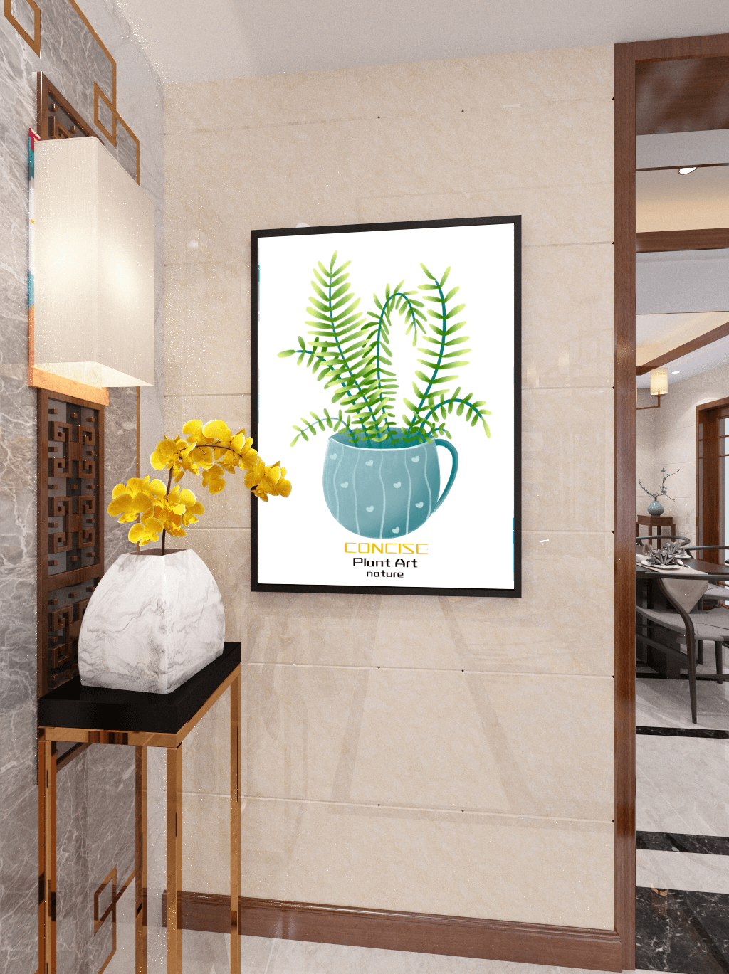 Illustration of a Plant in a Decorative Blue Pot with Green Leaves
