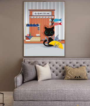 Black cat with Japanese storefront and koi fish flags – cozy and charming wall art - Mi tienda