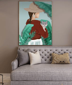 Modern botanical woman portrait – minimalistic female wall art with nature and cat - Mi tienda