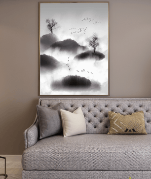 Misty mountains with flying birds in monochrome ink style - Mi tienda