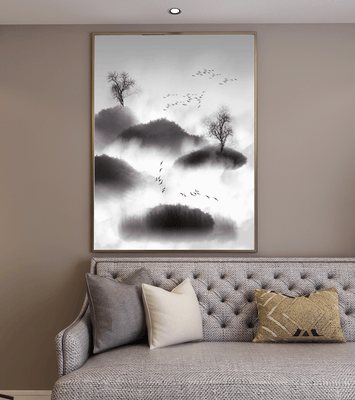 Misty mountains with flying birds in monochrome ink style
