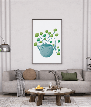 Ilustración minimalista de una planta pilea verde en una maceta de cerámica azul